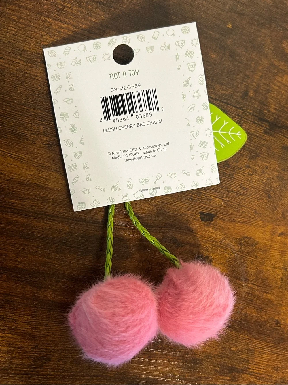 Plush Cherry Bag Charm Keychain with Pink Pom-Pom and Green Leaf
